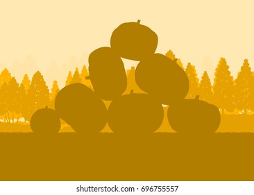 Pumpkin field in front of forest sunset vector background