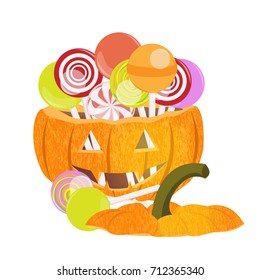 Pumpkin filled with candies and sweets. Cut eyes and mouth. The face is on the pumpkin. Happy Halloween. Trick or treat. Festive traditional pattern, isolated on white background.  