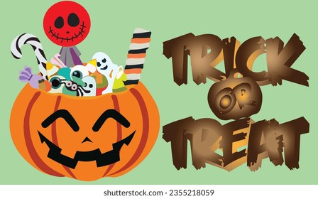 Pumpkin filled with colorful candies and trick or treat lettering for halloween celebration isolated on color