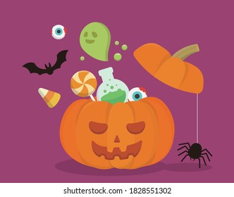 Pumpkin filled with halloween items, cartoon comic vector illustration, card