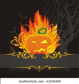 pumpkin in the fire, halloween frame