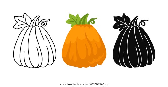 Kürbis flacher Cartoon-Set-Linie doodle Symbol, schwarze Glyphe Stil. Halloween oder Thanksgiving Festival Symbol Erntekollektion. Reife ganze Kürbisse. Comic Agricultural, handgezeichnet Gemüse Symbol, Vektorgrafik