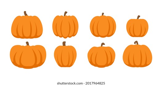Kürbis flache Symbole gesetzt. Halloween Kürbisset. Erntedankfest, Ernte des Bauernhofes. Einfache Cartoon-farbige Vektorgrafik einzeln auf Weiß