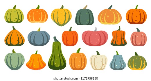 Pumpkin flat icons set. Sign kit of halloween. Thanksgiving pictogram collection farm harvest, closeup squash, vegetable. Simple pumpkin cartoon colorful icon symbol isolated white Vector Illustration