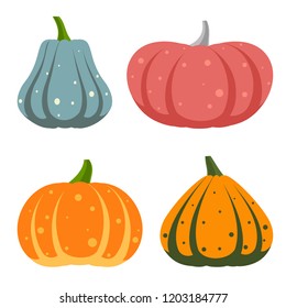 Pumpkin flat icons set. Sign kit of halloween. Thanksgiving pictogram collection of farm harvest, closeup squash vegetable. Simple pumpkin cartoon color icon symbol isolated white. Vector Illustration