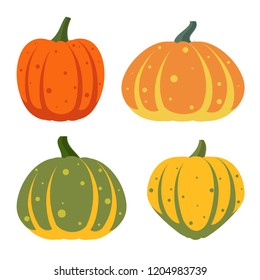 Pumpkin flat icons set. Sign kit of halloween. Thanksgiving pictogram collection of farm harvest, closeup squash vegetable. Simple pumpkin cartoon color icon symbol isolated white. Vector Illustration