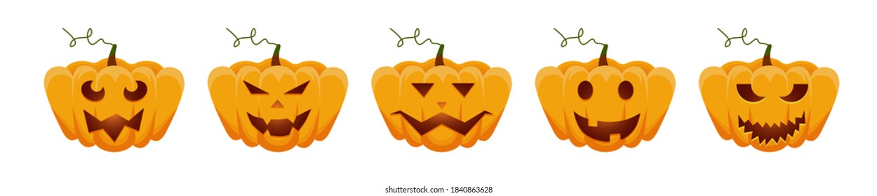 Pumpkin flat icons set. Sign kit of halloween. Orange pumpkin with scary for your design for the holiday Halloween. Autumn holidays. Different shapes and sizes. Vector illustration.