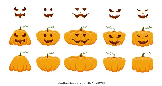Pumpkin flat icons set. Sign kit of halloween. Orange pumpkin with scary for your design for the holiday Halloween. Autumn holidays. Different shapes and sizes. Vector illustration.