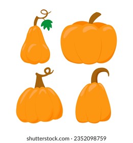 Juego de iconos planos de calabaza. Kit de signos de halloween. Recolección de pictogramas de Acción de Gracias cosecha de granja, calabaza de closeup, verdura. Sencilla caricatura de calabaza símbolo colorido icono aislado Vector blanco Ilustración