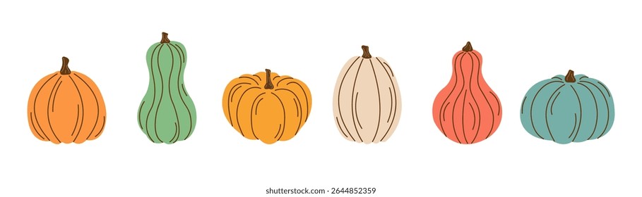 Pumpkin Flat Set Various Shapes and Colors. Collection Different Doodle Gourds Clipart. Thanksgiving and Halloween Elements. Autumn Harvest, Fall, Seasonal Graphic Vector Illustration Hand Drawn Icons