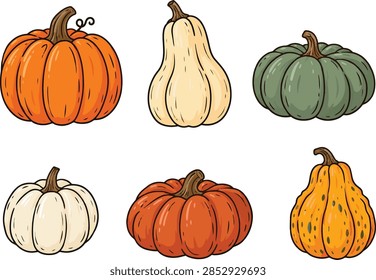 Pumpkin Flat Set Various Shapes and Colors. Collection Different Doodle Gourds Clipart. Thanksgiving and Halloween Elements. Autumn Harvest, Fall, Seasonal Graphic Vector Illustration Hand Drawn Icons. 