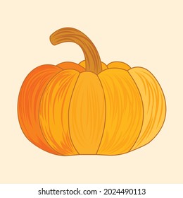 Pumpkin flat vector illustration. Autumn vegetable. Design for Halloween, logo, greeting card. Bright orange pumpkin on a white background.