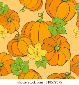 pumpkin with flower and leaves, seamless pattern, vector illustration