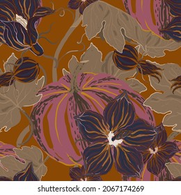Pumpkin flowers seamless vector pattern. Surface design for fabric, wallpaper, wrapping paper, scrapbooking, invitation cards. Red brick, brown, dark neutral color.