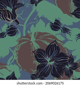 Pumpkin flowers seamless vector pattern. Surface design for fabric, wallpaper, wrapping paper, scrapbooking, invitation cards. Dark green, blue, brown, black colors.