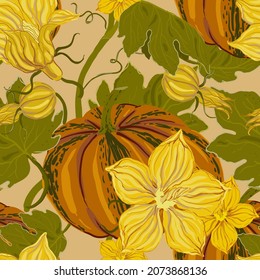 Pumpkin flowers seamless vector pattern. Surface design for fabric, wallpaper, wrapping paper, scrapbooking, invitation cards. Yellow, orange, beige, green color.