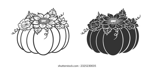 Pumpkin with Flowers. Vector illustation doodle flowers and pumpkins. 