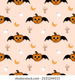 Pumpkin fly cartoon so cute. On tree moon ghost background. Pattern seamless vector illustration. 