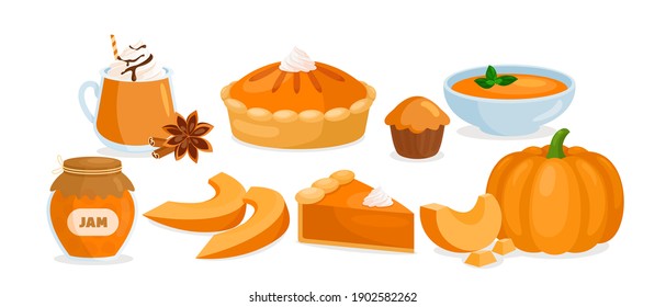 Pumpkin food menu. Cartoon raw and cooked pumpkin dishes collection with vegetable slices and soup, cream pie, jam, hot sweet drink with cinnamon and spices isolated on white