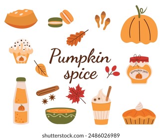 Pumpkin food menu. Cartoon raw and cooked pumpkin dishes collection with vegetable slices and soup, cream pie, jam, hot sweet drink with cinnamon and spices isolated on white