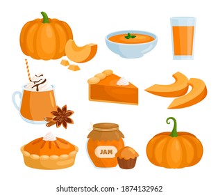 Pumpkin food menu vector illustration set. Cartoon raw and cooked pumpkin dishes collection with vegetable slices and soup, cream pie, jam, hot sweet drink with cinnamon and spices isolated on white