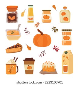 Pumpkin food products.  Puree, juice, jam, baby food, coffee, cake, soup, cupcake, cookies. Vector illustration.