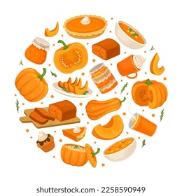 Pumpkin food in round shape. Traditional dishes for celebrating Thanksgiving and Harvest Festival banner, poster, card design template cartoon vector