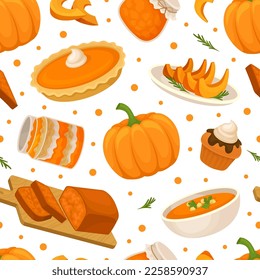 Pumpkin food seamless pattern. Thanksgiving holidays tasty dishes repeating print for wallpaper, wrapping paper, textile, package design cartoon vector