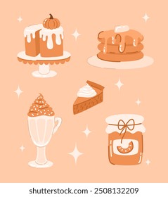 Kürbisfutter-Set. Konfitüre, Kuchen, Käsekuchen, Milchshake, Pfannkuchen. Flache Vektorgrafik.