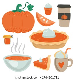 Pumpkin food set. Whole pie and slice, spice latte and soup, cupcake and jam. Autumn collection of pumpkins dishes. Colorful doodle vector isolated collection