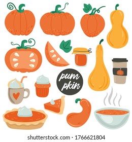 Pumpkin food set. Whole pie and slice, spice latte and soup, cupcake and jam. Autumn collection of pumpkins dishes. Colorful doodle vector isolated collection
