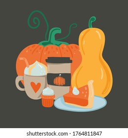 Pumpkin food. Slice pie, spice latte and soup, cupcake and jam. Autumn collection of pumpkins dishes. Colorful doodle vector illustration on dark