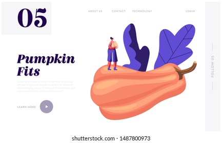 Pumpkin Food Website Landing Page. Web Page Banner. Tiny Female Character Stand on Huge Ripe Squash Going to Prepare Happy Thanksgiving Day Meal, Holiday Menu Cooking. Cartoon Flat Vector Illustration