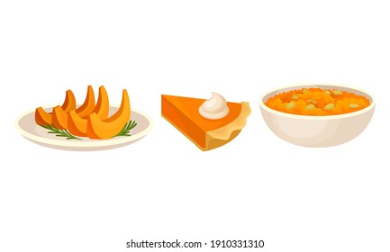 Pumpkin Foodstuff with Porridge in Bowl and Piece of Pie Vector Set