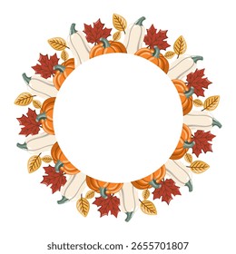 Marco de calabaza en estilo de otoño festivo con hojas de arce y amarillo. Vector aislado ilustración sobre fondo blanco