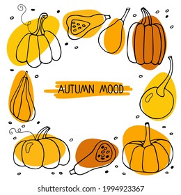 Pumpkin frame. Hand drawn autumn vector collection.Thanksgiving or Halloween holidays sketch design. Pumpkin sketch icon symbols isolated on white. Autumn mood lettering and vegetables print