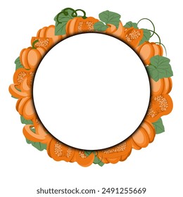 pumpkin frame. a lot of ripe pumpkins are placed in a round frame. vector illustration of juicy mature pumpkins, drawn in whole and in parts in a cartoon style, with a white empty space