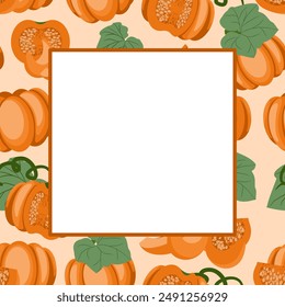 pumpkin frame. a lot of ripe pumpkins are placed in a square frame. vector illustration of juicy mature pumpkins, drawn in whole and in parts in a cartoon style, with a white empty space