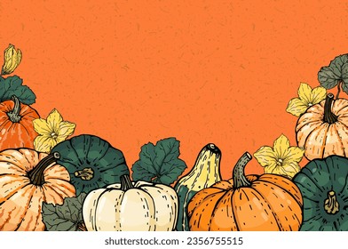 Pumpkin frame template  Pumpkins various shapes  colors   characters  hand  drawn an orange background  Vector illustrated clipart 