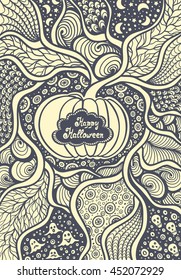 Pumpkin frame with  Zen tangle Zen doodle pattern black on white for coloring page or relax coloring book or for decorate package clothes or flyers banners Post Card on celebrating Halloween