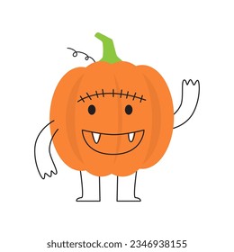 Pumpkin with Frankenstein costume . Halloween cartoon character . Vector .