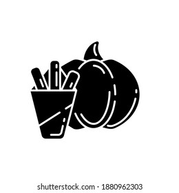 Pumpkin fries black glyph icon. Homemade snacks, vegetarian fastfood silhouette symbol on white space. Fast food restaurant seasonal menu. Delicious fried gourd sticks. Vector isolated illustration