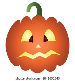 Pumpkin. Frightened facial expression. Colored vector illustration. Isolated white background. Flat style. Halloween symbol. A fearful grimace. Jack-lantern. Glows from the inside. Idea for web design