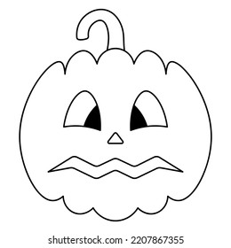 Pumpkin. Frightened facial expression. Vector illustration. Outline on an isolated white background. Doodle style. Coloring book for children. Sketch. Halloween symbol. A fearful grimace. Jack-lantern