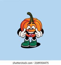 Pumpkin fruit cartoon character vector illustration with unique expression on a bright light blue background is perfect for stickers, icons, logos and advertisements