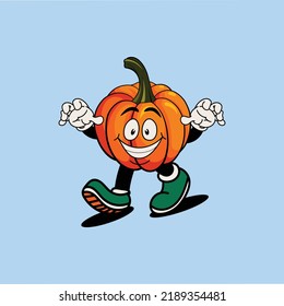 Pumpkin fruit cartoon character vector illustration with unique expression on a bright light blue background is perfect for stickers, icons, logos and advertisements