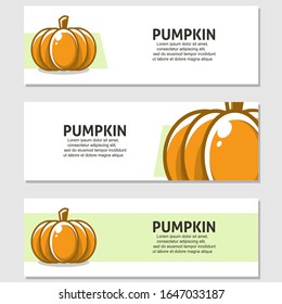 Ilustración plana de frutas de calabaza con hojas vectorial fondo conjunto de 3. Escalable y editable. Diseño de vectores para banner, fondo, tarjeta, página de inicio, folleto, volante, portada