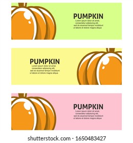 Pumpkin fruit flat illustration with leaves vector banner background set of 3. Scalable and editable. Vector design for banner, background, card, landing page, brochure, flyer, cover,