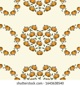 Pumpkin fruit flat with leaves vector background seamless pattern. Scalable and editable. Vector pattern for textile, print, fabric, backdrop, wallpaper, background.