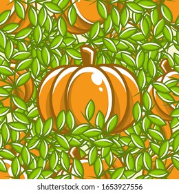 Pumpkin fruit flat with leaves vector background seamless pattern. Scalable and editable. Vector pattern for textile, print, fabric, backdrop, wallpaper, background.